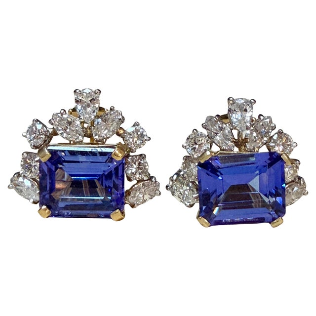 13 Carat Emerald Cut Tanzanite &amp; 5 Carat Diamond In 18 Karat Two Tone Gold Earring perfect pair made in 18 carat White...