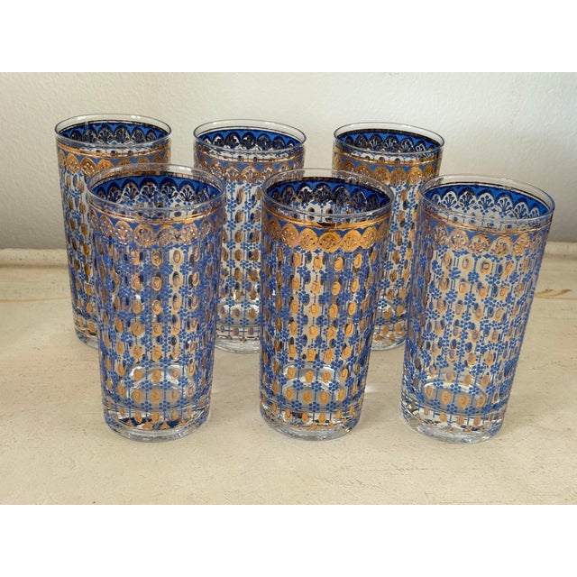Vintage 1970s Gold & Blue MCM Glass Tumblers - A Set of 7 For Sale - Image 9 of 10