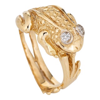 Vintage Frog Ring 14k Yellow Gold Sz 8 Webbed Feet Estate Jewellery Diamond Eyes For Sale