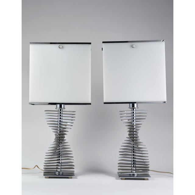 Vintage Table Lamps with Chromed Metal Frame, 1970s, Set of 2, in Very Good conditions. Designed 1970 to 1979 European...