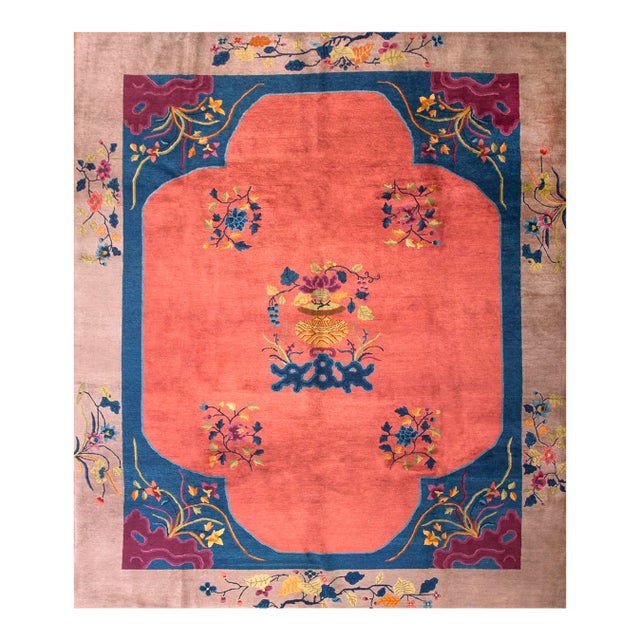 1920s Antique Rose Floral Rectangle Chinese Art Deco Carpet by Nichols Workshop For Sale