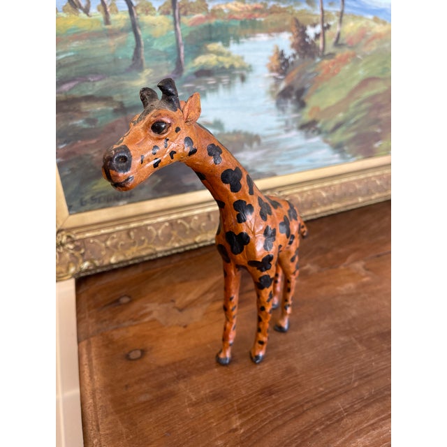 Hand-Carved Painted Wooden Giraffe Sculpture With Black Markings. For Sale - Image 4 of 9
