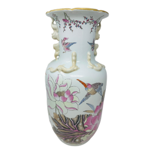 Vintage Famille Rose Porcelain Vase With Koi Fish, Birds, and Flowers