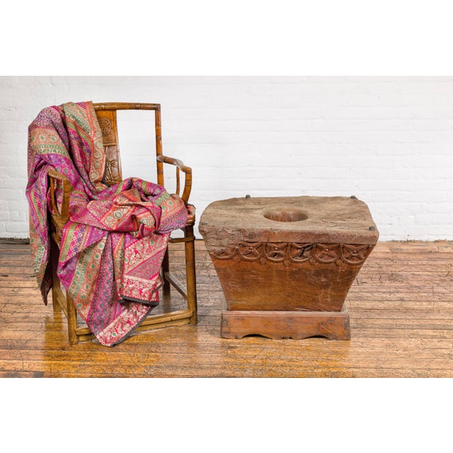 Wood 19th Century Teak Wood Primitive Mortar Converted into Coffee Table with Carved Rosettes For Sale - Image 7 of 12
