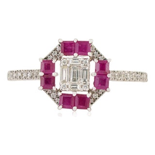 14k White Gold Ruby & Emerald-Cut Diamond Art Deco Cluster Ring Size 6.5 For Sale