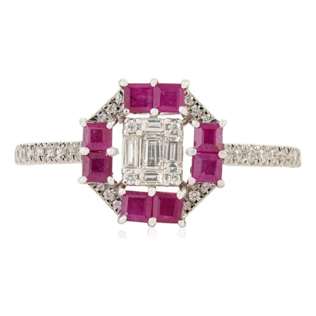 14k White Gold Ruby & Emerald-Cut Diamond Art Deco Cluster Ring Size 6.5 For Sale