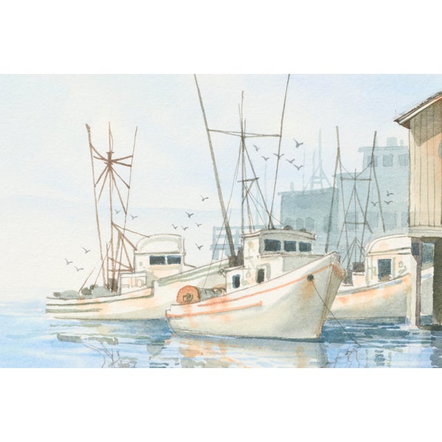 Late 20th Century Jones Realism Seafood Shops on the Pier Watercolor Landscape Late 20th Century For Sale - Image 5 of 9
