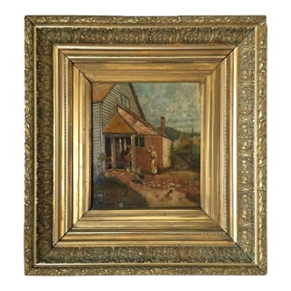 Antique 19th Century Oil on Board in Elaborate Gilt Frame For Sale