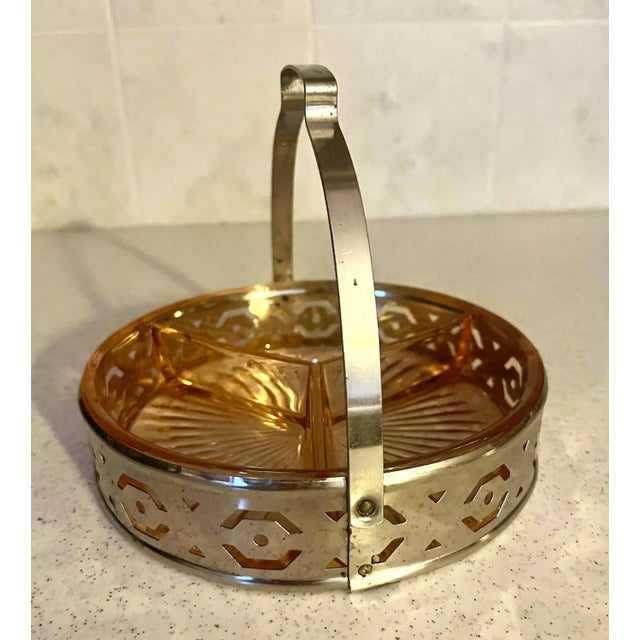 1930s 1930s Vintage Pink Depression Glass Divided Tray With Metal Handle for Hors D'oeuvres, Relish Dish or as a Candy Dish For Sale - Image 5 of 12