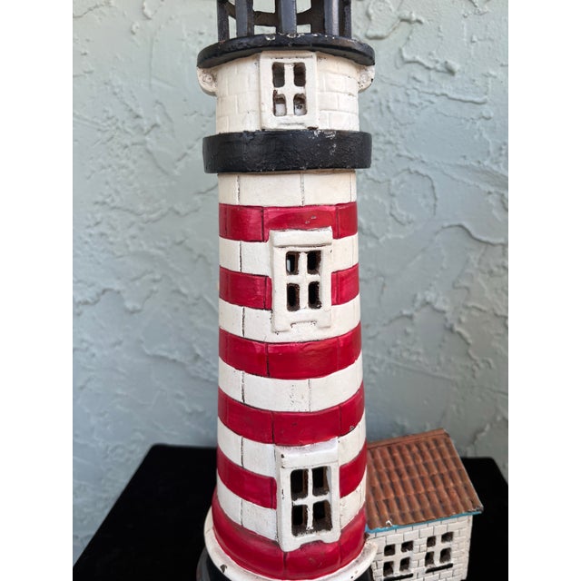 Vintage Cast Iron Lighthouse Sculpture With Removable Top & Tealight Holder – Nautical Coastal Decor For Sale - Image 10 of 12