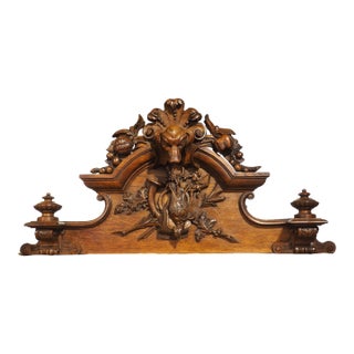 Circa 1900 Carved French Oak Overdoor Panel With Dog and Hunt Trophy For Sale