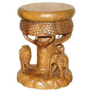 Vintage Hand Carved Elephant Stool with Ornate Decoration For Sale