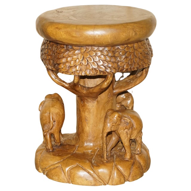 Vintage Hand Carved Elephant Stool with Ornate Decoration For Sale