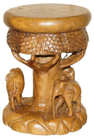Vintage Hand Carved Elephant Stool with Ornate Decoration
