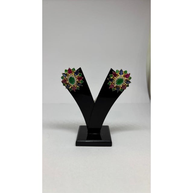 Modern Natural Emerald, Ruby, Sapphire, & Diamond Earring in 14k Gold For Sale - Image 3 of 8
