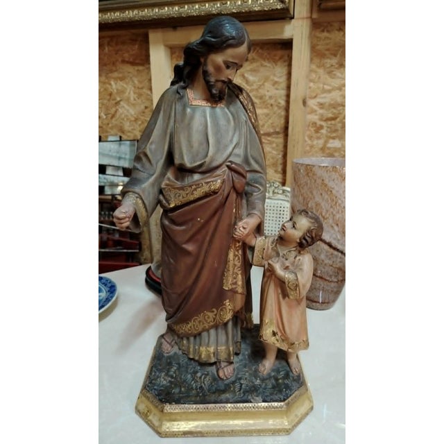 Large Religious Statue of Saint Joseph and the Baby Jesus in Polychrome Terracotta and Gilded Wood For Sale - Image 9 of 11