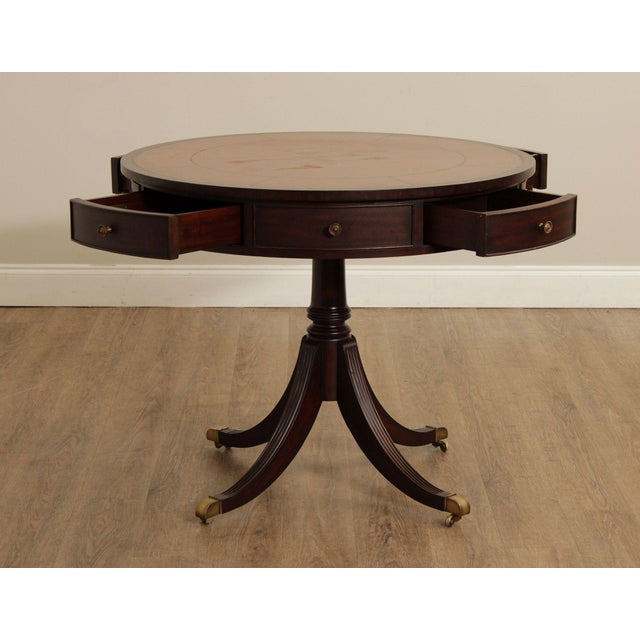 Brown Ethan Allen Regency Style Round Leather Top Mahogany Rent Table For Sale - Image 8 of 18