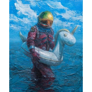 Uniqueness Is a Solo Trip by Andreas Claussen | Oil on canvas Astronaut holding a unicorn float in water For Sale