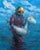 Uniqueness Is a Solo Trip by Andreas Claussen | Oil on canvas Astronaut holding a unicorn float in water For Sale