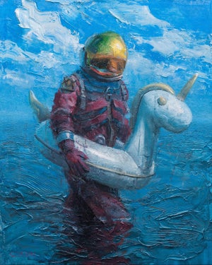 Uniqueness Is a Solo Trip by Andreas Claussen | Oil on canvas Astronaut holding a unicorn float in water