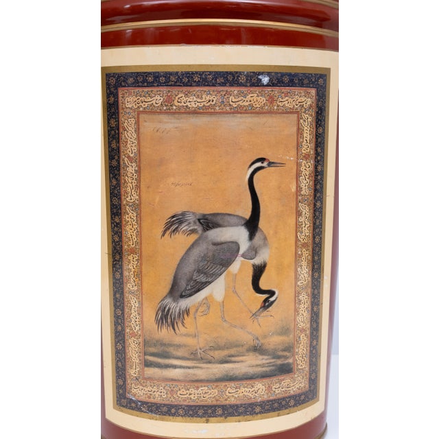 Very nice Metal Oval shaped Umbrella stand .Beautiful Stone Red color ,Gold rim . comes with a Crane Birds Litho . 1960s...