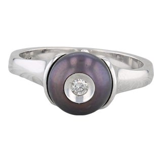 New Galatea Cultured Black Pearl Diamond Ring 14k White Gold Size 6.25 For Sale