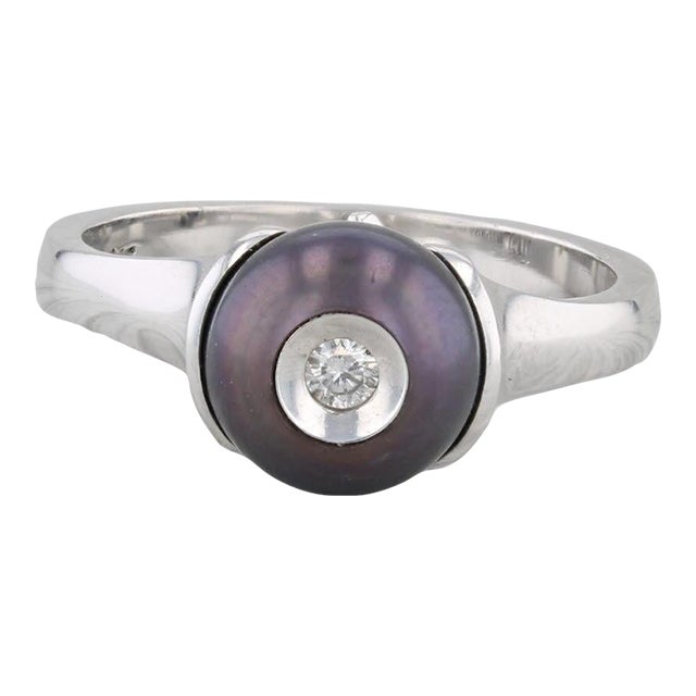 New Galatea Cultured Black Pearl Diamond Ring 14k White Gold Size 6.25 For Sale