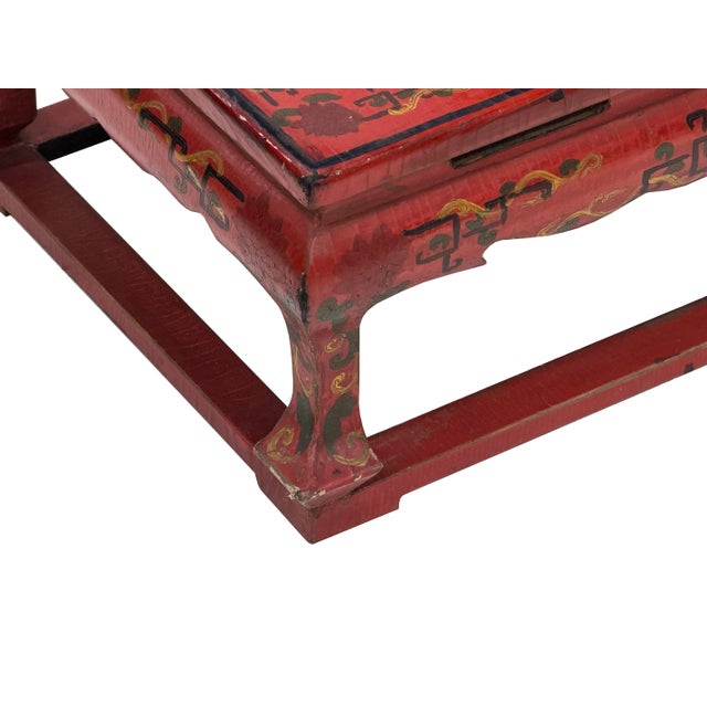 Wood Vintage Distressed Red White Cranes Pine Graphic Rectangular Stand Table For Sale - Image 7 of 12