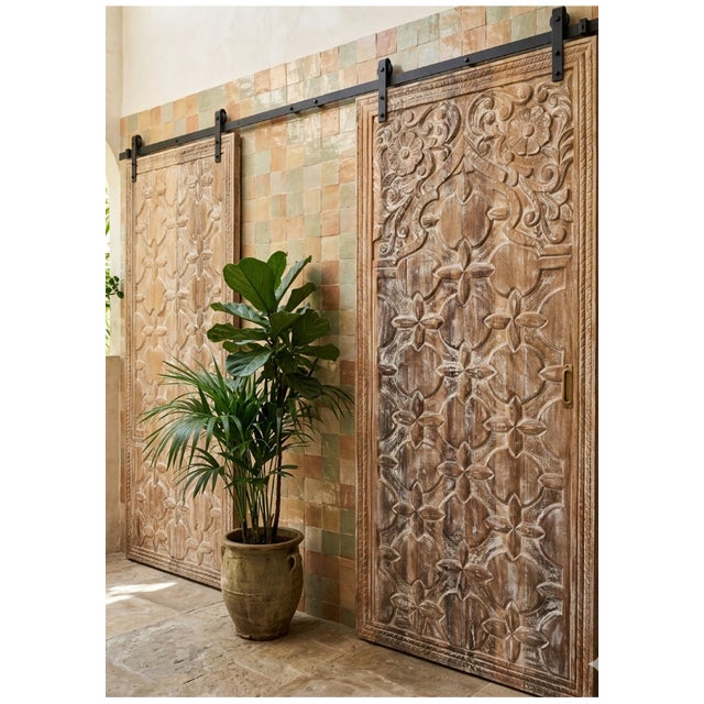 Brown Rustic Vintage Floral Carved Wooden Doors – Boho Farmhouse Statement Barn Door Wood Panels 80 For Sale - Image 8 of 9