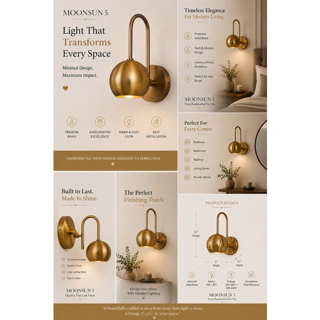 Modern Bronze Brass Wall Sconce, Handmade Curved Arm Wall Light, Mid Century Globe Sconce, Bathroom Vanity Lamp, Bedroom Brass Wall Fixture For Sale - Image 12 of 12