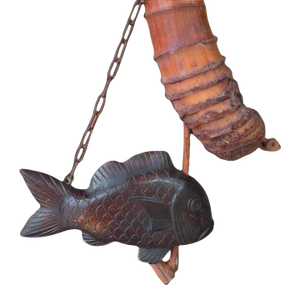 Fun Meiji Japanese Wood Carved Jizai Kagi Carp Hearth Kettle Hook With Bamboo Pole