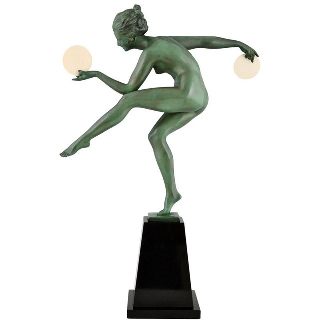 1930s Art Deco Nude Disc Dancer in Metal on Marble Base by Andre Derenne and Marcel Bouraine, France, 1930s For Sale - Image 5 of 12