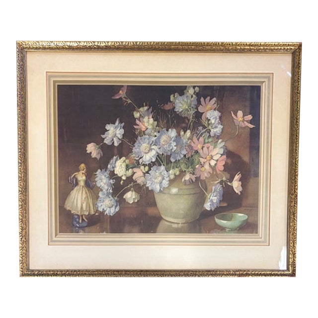 1930's Still Life Botanical Print by British Artist Edwin Byatt in Original Gilt Wood Frame For Sale