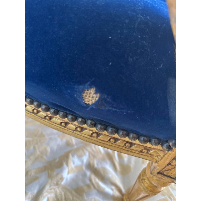 Mid 20th Century French Louis XVI Style Giltwood & Navy Embroidered Velvet Fauteuils- Pair For Sale - Image 9 of 18