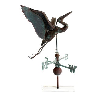 Antique American Verdigris Patinated Copper Full-Bodied Heron Directional Weathervane For Sale