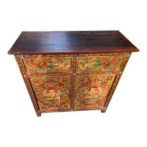Antique Tibetan Hand Painted Cabinet Featuring the Hindu Trinity