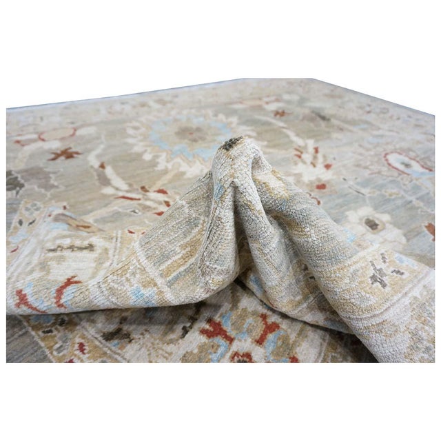 Persian Sultanabad Wool 8x8 Square Tan, Blue, & Ivory Handmade Area Rug #1143023 For Sale - Image 9 of 10