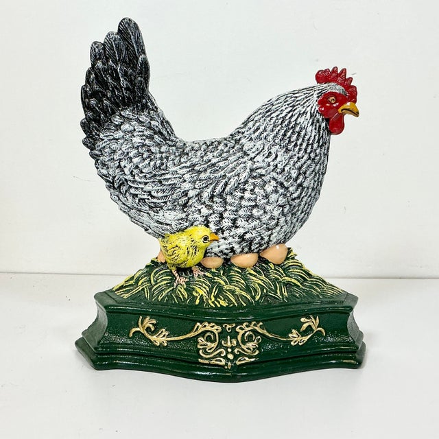 Farmhouse 1950s Americana Arts & Crafts Farmhouse Cast Iron Hen, Chick & Eggs Doorstop For Sale - Image 3 of 13