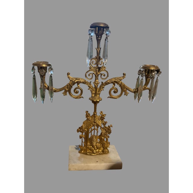 Early 20th Century Antique 3pc Bear Beehive Girandole Candelabra Set Gilt Brass Crystal Marble For Sale - Image 5 of 10