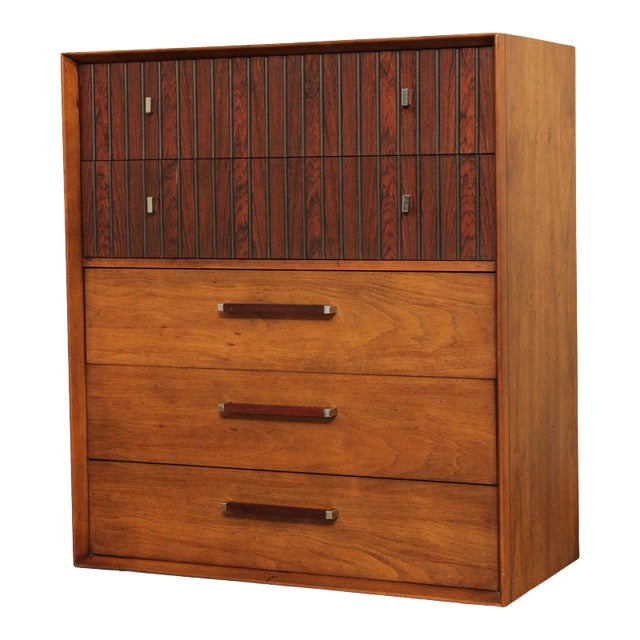 Lane Mid Century Modern Pecan & Rosewood Tall Chest For Sale