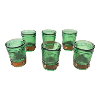 Mid Century Green Glass Bar, Cocktail Glasses With Leather and Nail Head Details For Sale