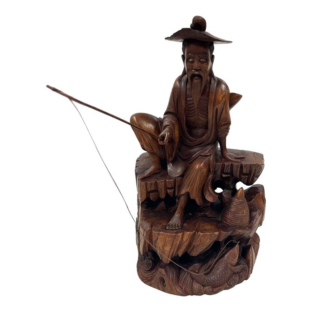 Mid-20th Century Chinese Wooden Carved Jiang Taigong Fishing Statue For Sale