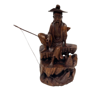 Mid-20th Century Chinese Wooden Carved Jiang Taigong Fishing Statue