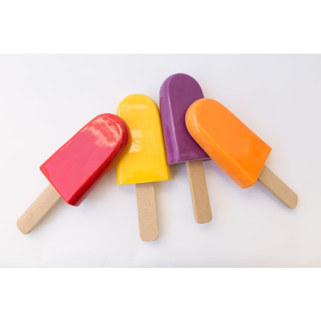 Contemporary Yellow Ice Pop Ceramic Wall Sculpture With Natural Oak Wood Stick For Sale - Image 3 of 11