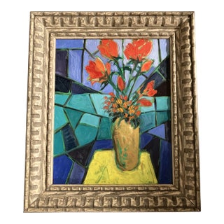 Contemporary Original Alexandra Brown Modernist Pop Still Life Oil Painting Chunky Vintage Frame For Sale