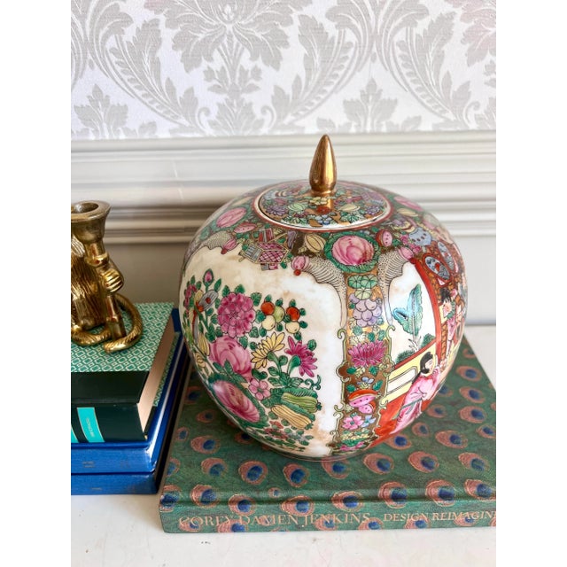 Pair of Vintage Rose Medallion Covered Melon Jars With Brass Finials For Sale In Charlotte - Image 6 of 6