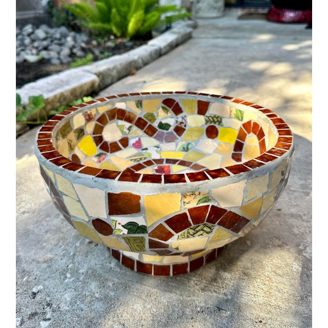 1950's Craft made cement and tile garden vase or footed bowl. Nice mixture of ceramic mosaic tiles. Unsigned. Quite heavy....