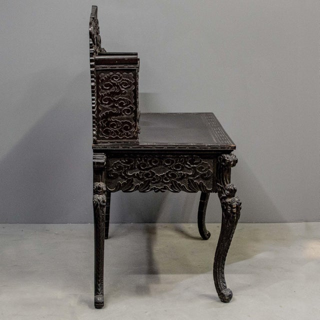 Early 20th Century Heavily Carved Antique Japanese Black Lacquer Desk & Chair For Sale - Image 5 of 10