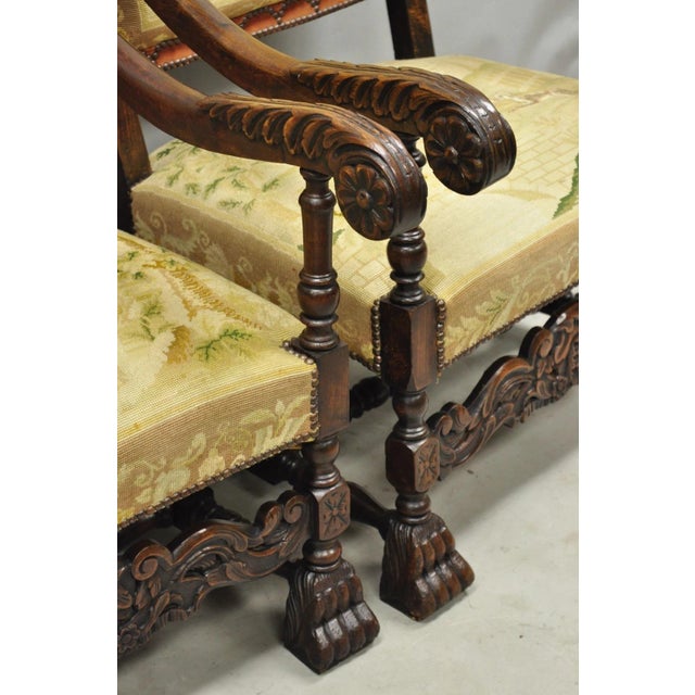 French Antique French Louis XIV Style Needlepoint Tapestry Carved Walnut Arm Chair Pair For Sale - Image 3 of 18