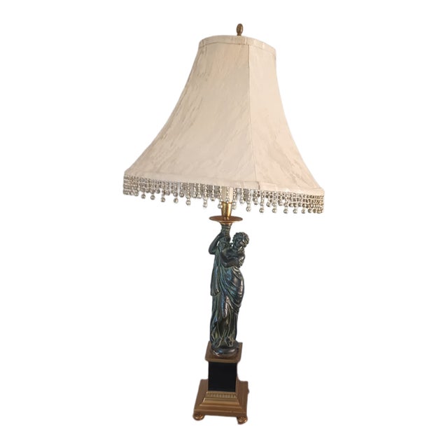 1940 Art Nouveau Bronze and Brass Figural Statue Table Lamp With Shade For Sale